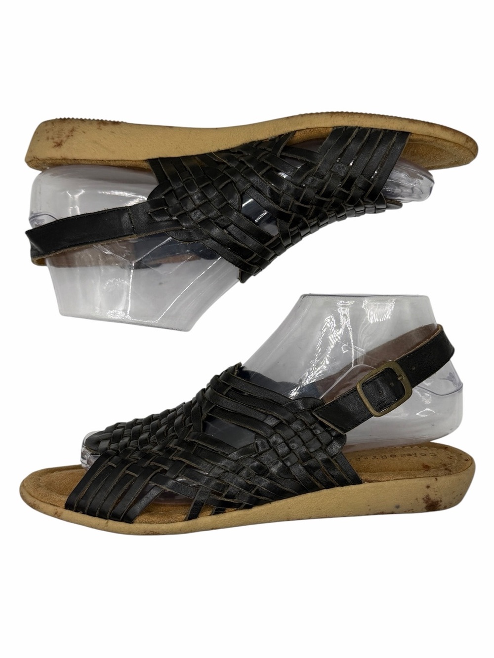 Comfort-Ease Black Leather Woven Slingback Sandals - Made in Brazil - Size 8